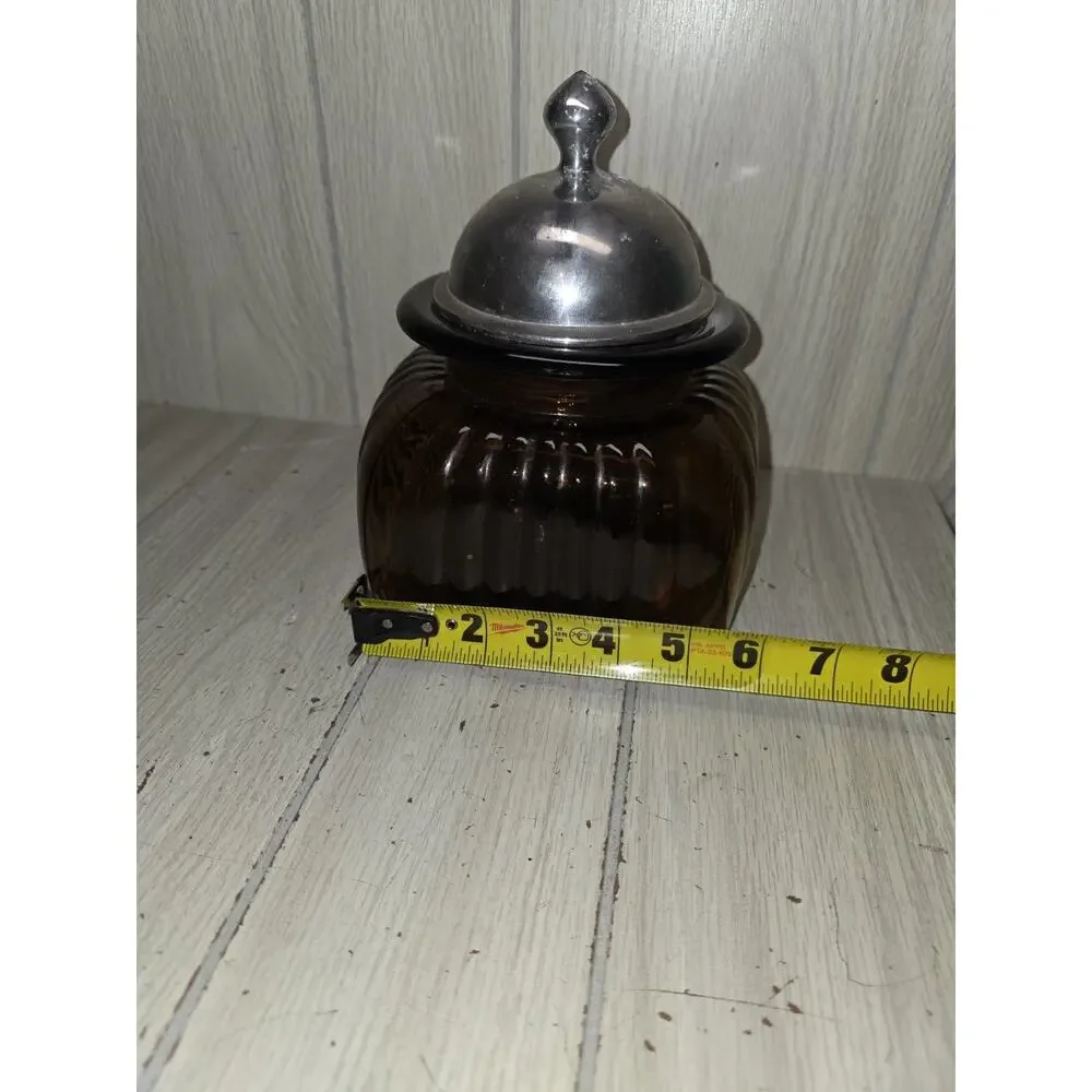 Vintage Artland Ribbed Glass Canister Jar 10” Amber Brown Pewter Lid Apothecary